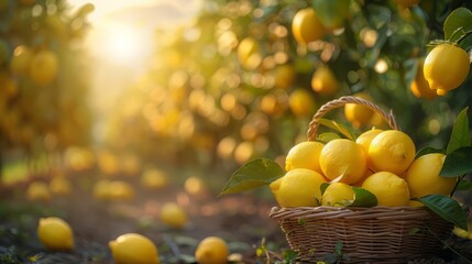 Wall Mural - basket of selected lemons stands on the ground in a citrus orchard.