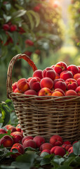 Wall Mural - basket with ripe nectarines stands in the foreground, sunlight passes through the leaves, a pastoral scene of peace and tranquility