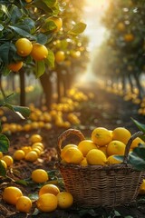 Wall Mural - stunning orchard with rows of trees, an abundance of ripe lemons on branches with green leaves, a basket with large ripe lemons stands in the foreground, sunlight passes through the leaves, 