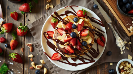 Wall Mural - Scrumptious pancakes piled high with ripe strawberries, sliced bananas, toasted nuts, sweet blueberries, and rich chocolate syrup, skillfully captured in food photography to ignite culinary cravings.
