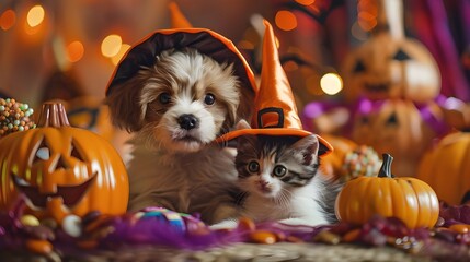 Wall Mural - Cute adorable puppy dog and cat wearing Halloween costume, pumpkin background. Funny creative pet animal character quirky festive season greeting invitation card wallpaper. trendy 3d digital art.
