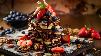 Wall Mural - Delectable pancakes piled high with strawberries, bananas, toasted nuts, blueberries, and rich chocolate syrup, expertly photographed to tempt the taste buds.


