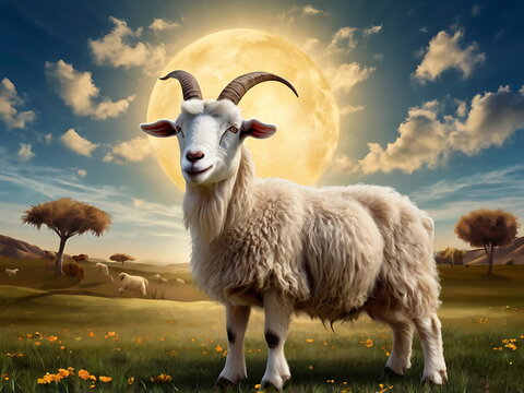 Eid al adha islamic decoration background with goat sheep arabic crescent