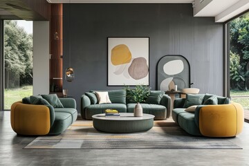 Wall Mural - Dark living room interior with sofa and armchairs, front view, coffee table with art decoration and poster, carpet on grey concrete floor. Panoramic window on countryside.
