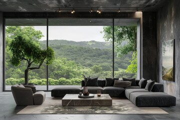 Wall Mural - Dark living room interior with sofa and armchairs, front view, coffee table with art decoration and poster, carpet on grey concrete floor. Panoramic window on countryside.