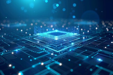 Poster - Digital chip on blue technology background in lines, connected dots, and triangles