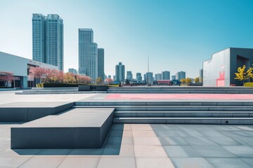 Wall Mural - Modern plaza with minimalist architecture and a vibrant city in the background 