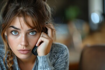 Poster - Female in gray sweater on mobile phone