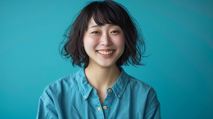 Japanese woman in blue shirt smiling, with a solid color background, in a studio shot, waist up photo, high resolution, in the style of an Asian artist