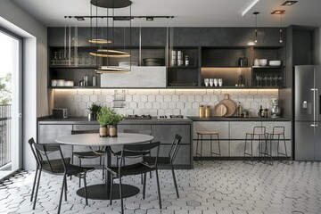 Wall Mural - Interior of modern kitchen with gray and white walls, honeycomb pattern floor, gray countertops and round black table with metal chairs.
