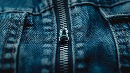 Wall Mural - A zipper is shown on a blue denim jacket