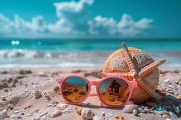 Wall Mural - Seashell sunglasses beach ocean