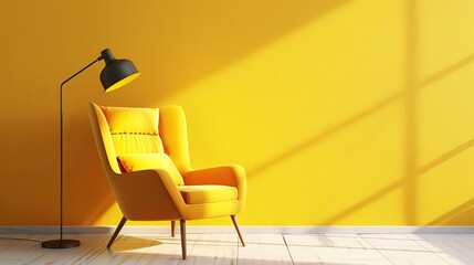 Wall Mural -  a modern yellow armchair with a lamp and light beam.