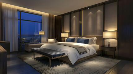 3d render of hotel room, bedroom