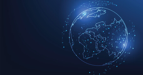 Poster - Global network technology background.World image on dark blue background.Communication technology for business.Futuristic globalization modern.3D vector illustration.	