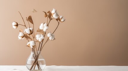 Wall Mural - A vase of cotton flowers sits on a table. The table is white and the background is a beige wall. Concept of calm and serenity