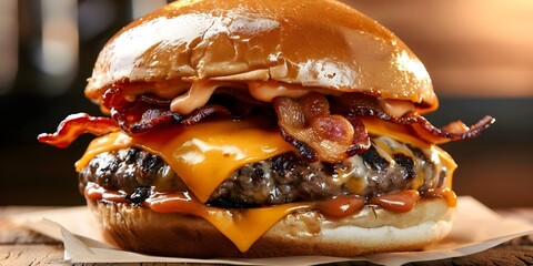 Wall Mural - Tempting closeup image of a large juicy bacon cheeseburger with extra cheese. Concept Food Photography, Close-Up Shots, Cheeseburger, Deliciousness, Food Styling