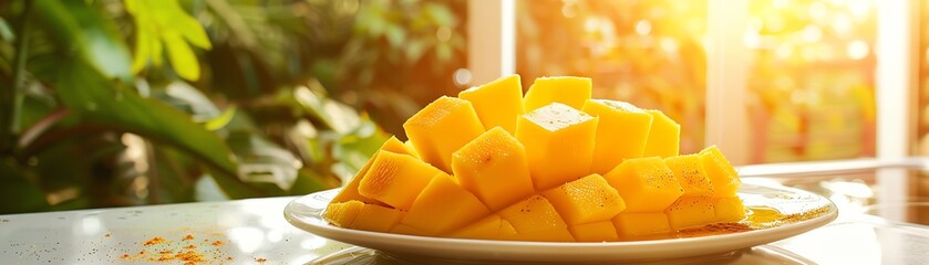 Wall Mural - A closeup of juicy Australian mango slices on a white plate, with a softfocus background of a sunny kitchen