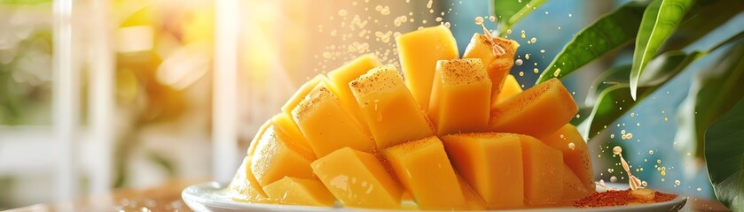 Wall Mural - A closeup of juicy Australian mango slices on a white plate, with a softfocus background of a sunny kitchen