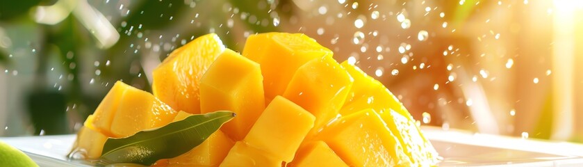 Wall Mural - A closeup of juicy Australian mango slices on a white plate, with a softfocus background of a sunny kitchen