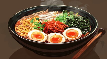 Sticker - A close-up shot of a steaming bowl of ramen noodles. The bowl is filled with noodles, broth, soft-boiled eggs, seaweed, and scallions. The chopsticks are lying on the table next to the bowl