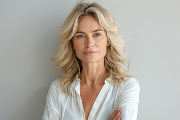 Blonde woman long hair white shirt posing photo