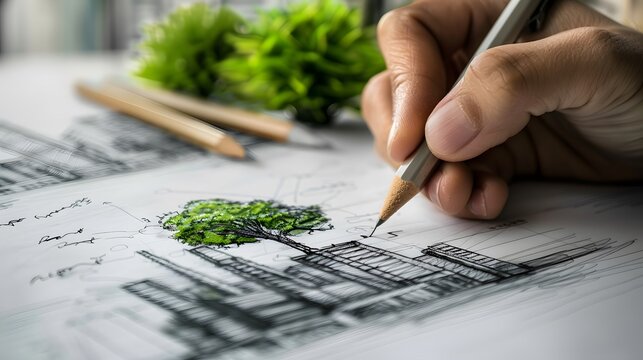 Person sketching a sustainable green city concept