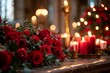 © Mountain Fairy - Church decorated for Christmas. Beautiful Christmas setting in church with burning candles, red roses and green thorn branches, Generative AI