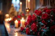 © Mountain Fairy - Church decorated for Christmas. Beautiful Christmas setting in church with burning candles, red roses and green thorn branches, Generative AI