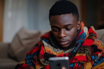 Poster - Male in vibrant blanket viewing smartphone