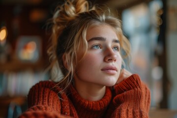 Wall Mural - Woman in red sweater with messy bun looking away