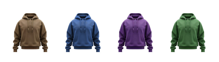 A front view of hooded sportswear in various colors isolated on transparent background cutout png