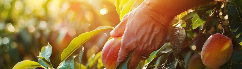 Wall Mural - A dynamic shot of a hand picking a ripe mango from a tree, with lush green leaves and other fruits in the background, soft sunlight creating a warm, tropical ambiance