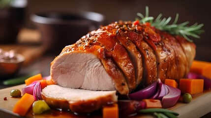 Perfect looking delicious baked pork meat with vegetables