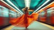 © Media Srock - A woman in a red dress is walking through a subway station. The image is blurry and has a sense of motion, giving it a dynamic and energetic feel