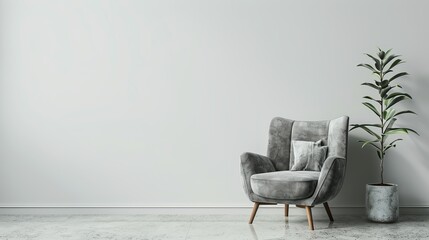 Wall Mural - Modern interior design featuring a gray armchair against a blank white wall. 3d rendering 