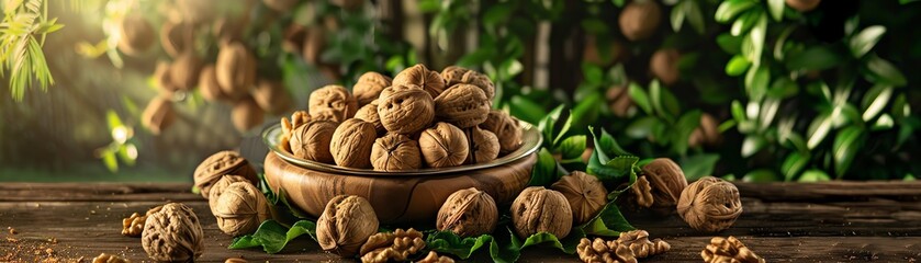 Canvas Print - An array of fresh Chinese walnut fruits, some whole and some shelled, displayed on a rustic wooden table with a backdrop of green foliage