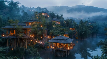 Wall Mural - wide angle birdeye shot of a bamboo forest resort, stilt villa on the riverbank foreground, high bamboo nest room midlleground, hilly foggy background at dusk, lanterns throughout the bamboo resort 