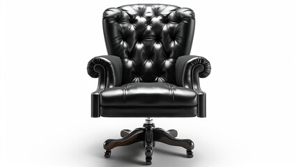 Wall Mural - Front view of an executive officer's genuine leather office chair, isolated against a white background. Black Leather
