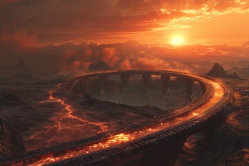 A futuristic, serpentine railway system winding through a desolate, volcanic landscape, with molten lava flows and an ash-filled sky 