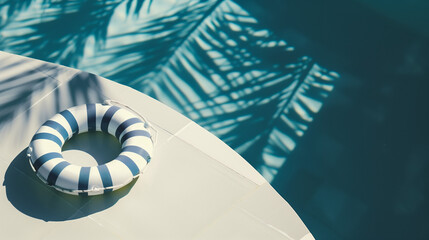 Wall Mural - Striped lifebuoy and shimmering pool water, with palm shadows on stone deck, set a relaxing tone.

