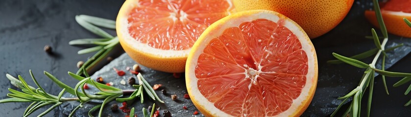 Bright, juicy grapefruits, both whole and sliced, arranged on a slate board with a few sprigs of fresh rosemary for a touch of greenery