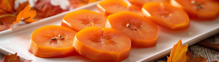 Bright orange slices of persimmon amla arranged neatly on a white plate, with a backdrop of autumn foliage