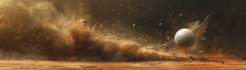 Wall Mural - A photorealistic image of a golf ball exploding off the tee, with a trail of dust and debris following behind 