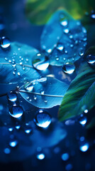 Close-up of water drops on blue leaves