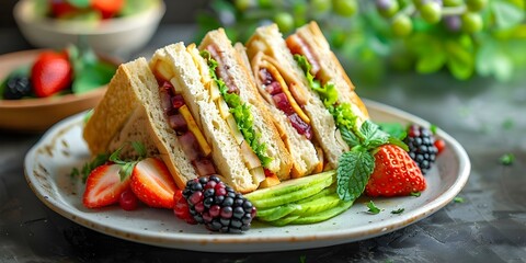 Wall Mural - Packed lunch with sandwiches and fresh fruit ideal for a quick meal. Concept Meal Prep, Quick Lunch, Balanced Diet, Fresh Ingredients, On-the-Go Snack