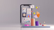 © Alena - 3D infographic of a business app's key features: financial tools, CRM, inventory tracking. Displayed on a smartphone with sleek icons, bright colors, clean background.