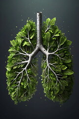 Wall Mural - On a sparkling lead gray background, a lung made of trees filled with green leaves, a sensation of breath and relief. ai generative