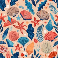 Naklejka na meble Seamless pattern of tropical shells and corals collected in a beachcomber's treasure trove, Generative AI