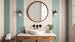 © Prateek - A portrait image of a vintage bathroom sink with wall-mounted faucets and a round mirror against a striped wall, concept of a minimalist vintage interior design, 3D Rendering, with copy space, backgro